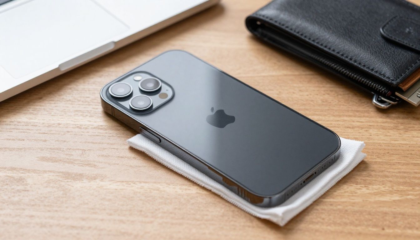 An iPhone 17 Air with a newly applied screen protector being wiped clean with a microfibre cloth, sitting on a wooden desk next to a set of keys and a wallet.