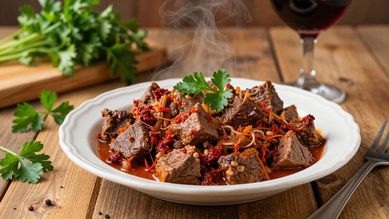 Hearty Hungarian goulash with beef and paprika.