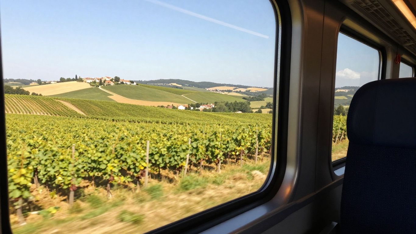 Train window view of French countryside.
