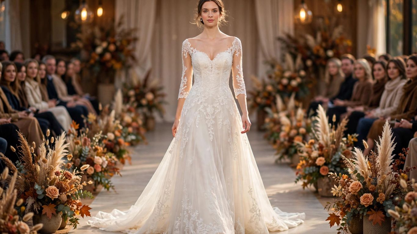 Bride in an elegant lace gown walking a softly lit runway