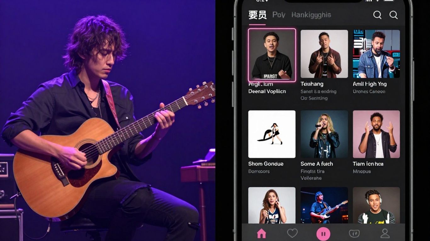 Musician performing with smartphone showing short music videos.