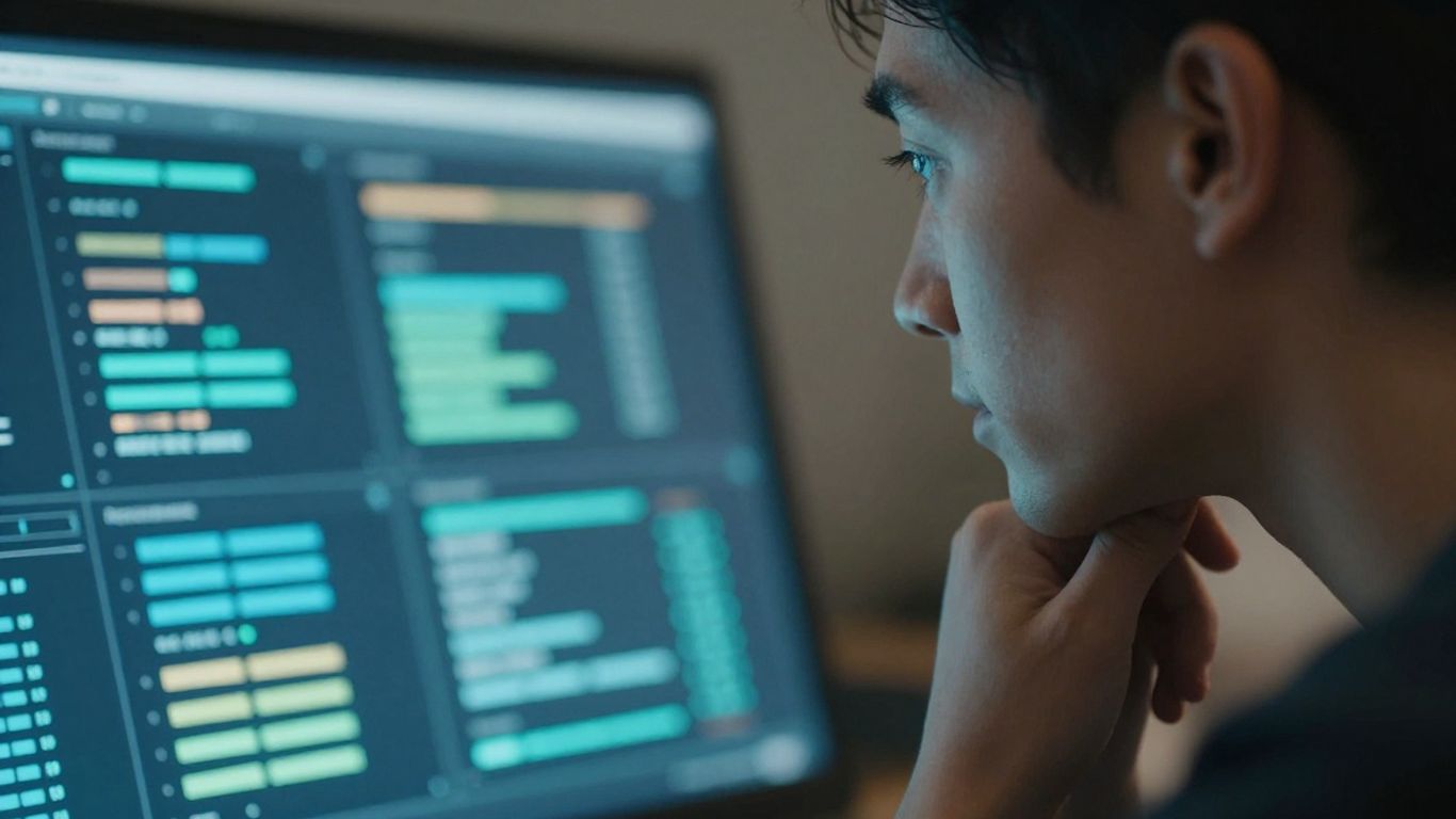 Person looking at a digital interface with abstract data.