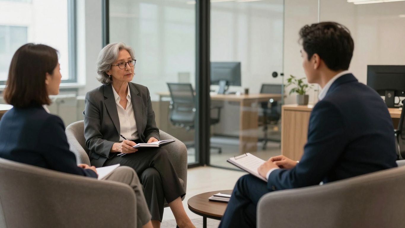 Executive coaching conversation in a modern office