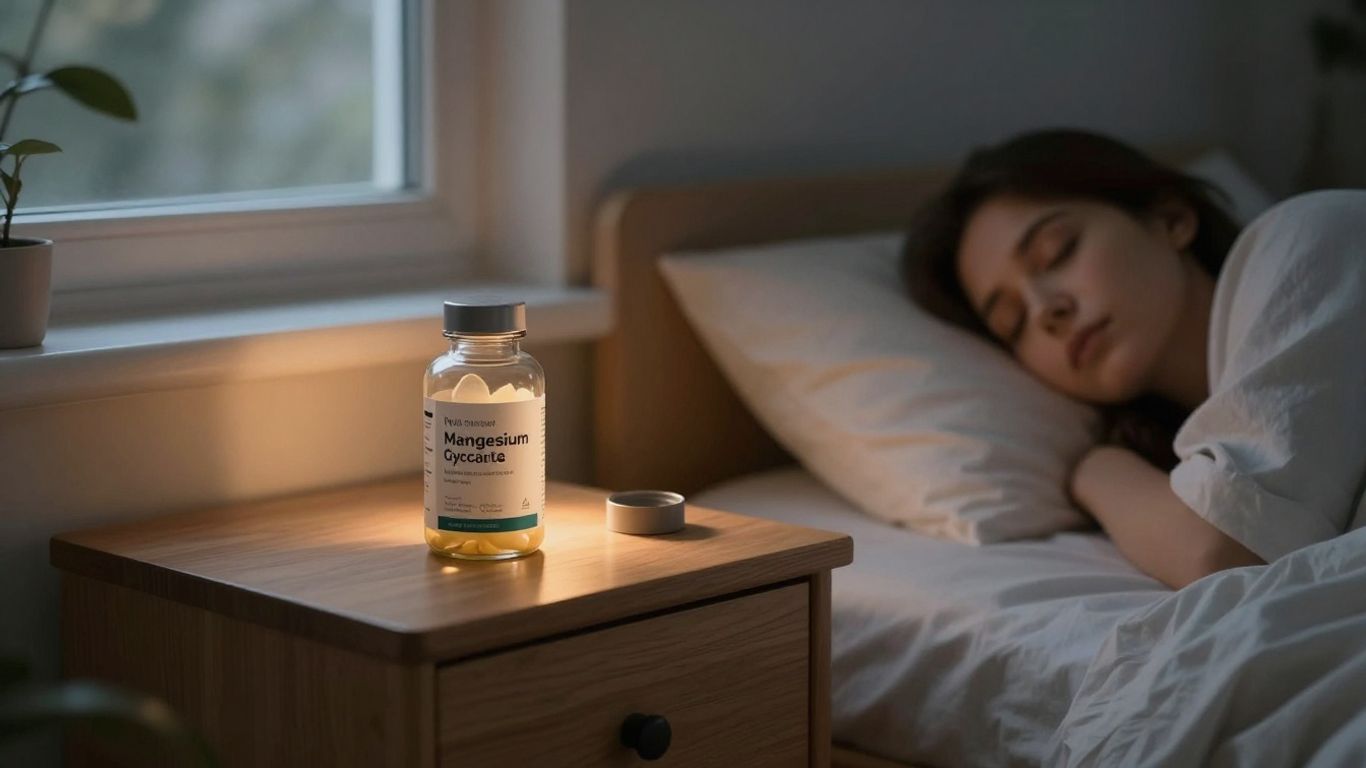 Liquid magnesium glycinate bottle near sleeping person.