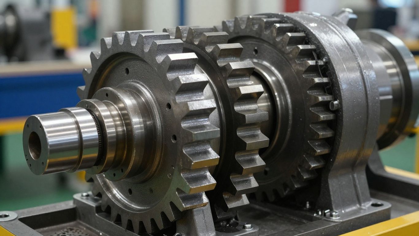 Close-up of a precision-engineered automotive gearbox.