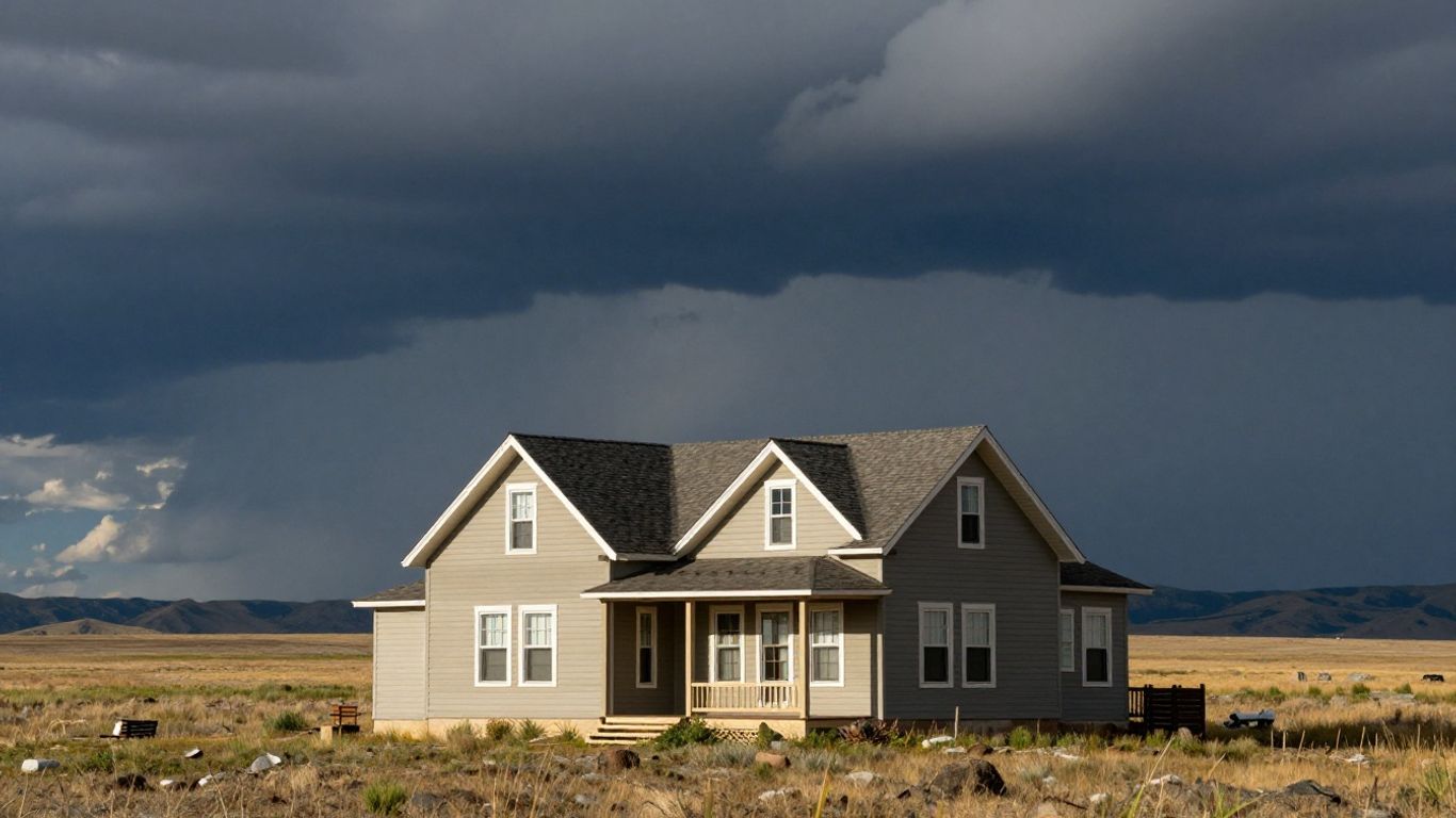 Wyoming house under stormy skies, bright roof