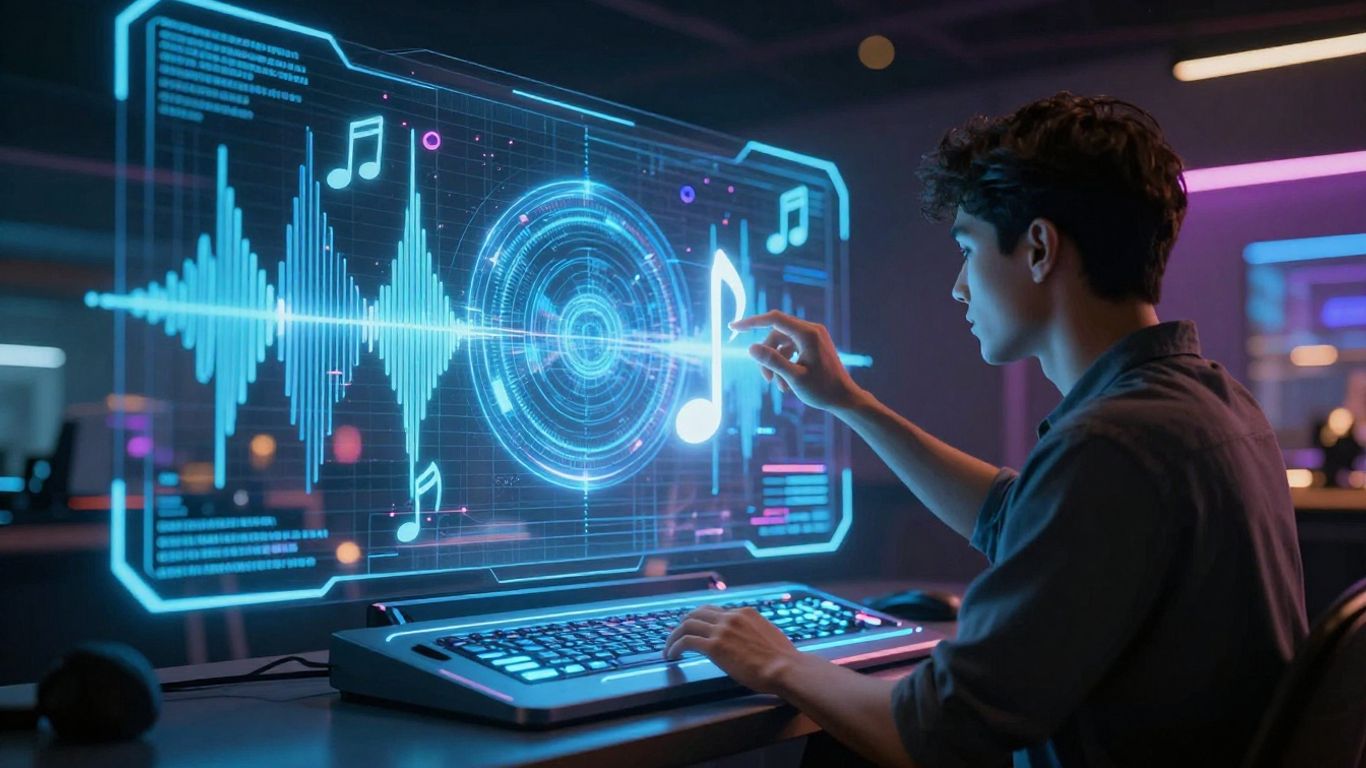 Musician using futuristic AI music creation tools.