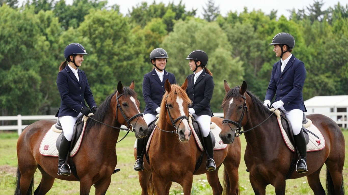 Young riders and ponies in a sunny outdoor arena.