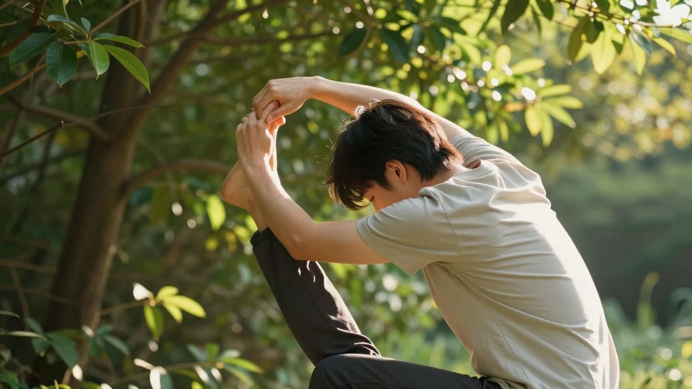 Person stretching outdoors in sunlight, finding balance.