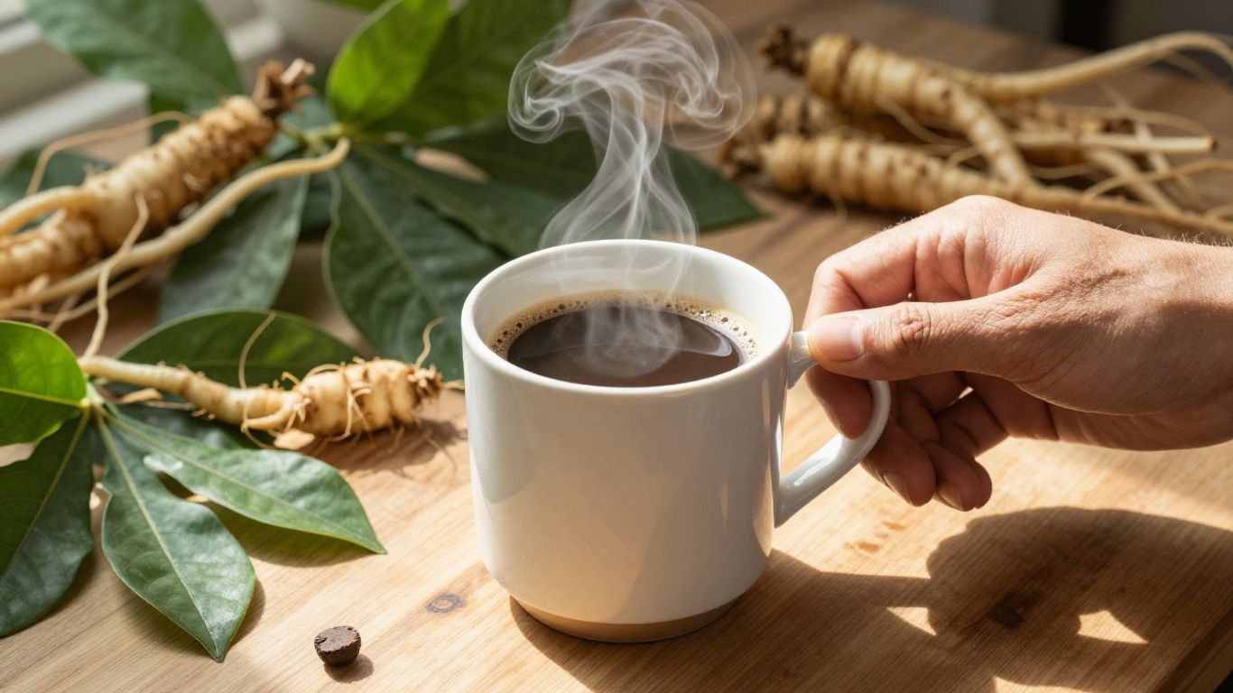 Maca coffee mug with maca roots and man's hand.