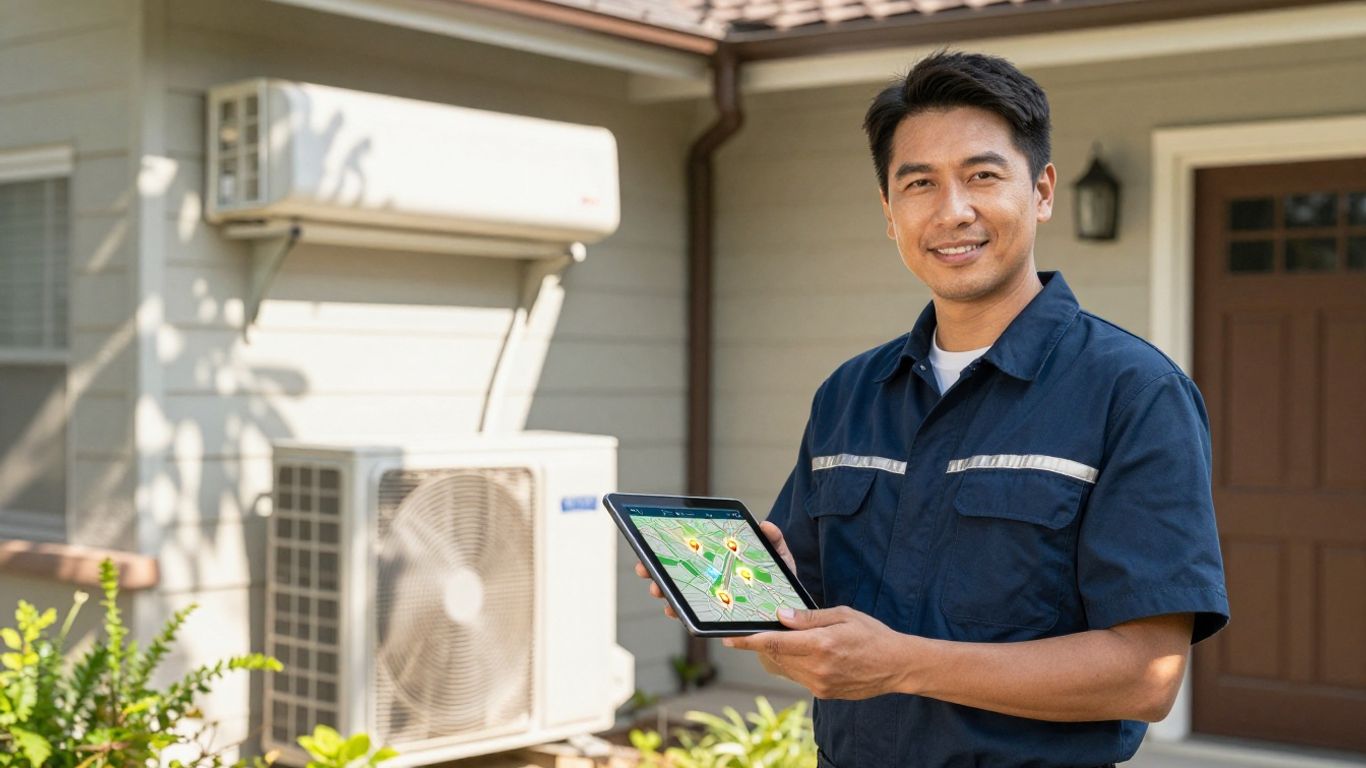 HVAC technician with tablet in front of a house.