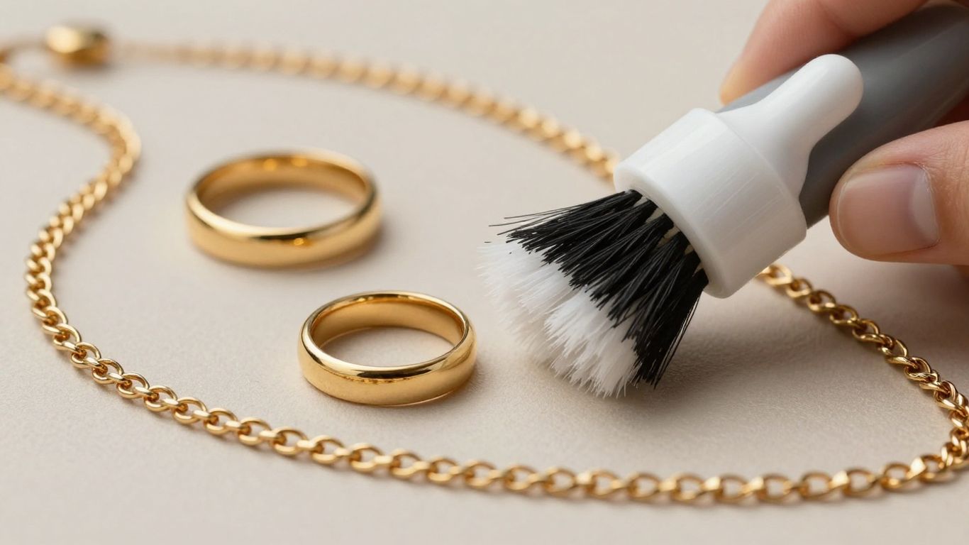 Nettoyage de bijoux en or avec une brosse douce et une solution.
