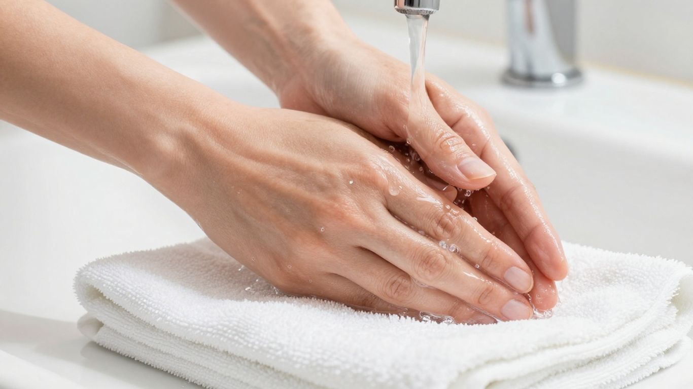 Hands rinsing lubricant from skin with warm water