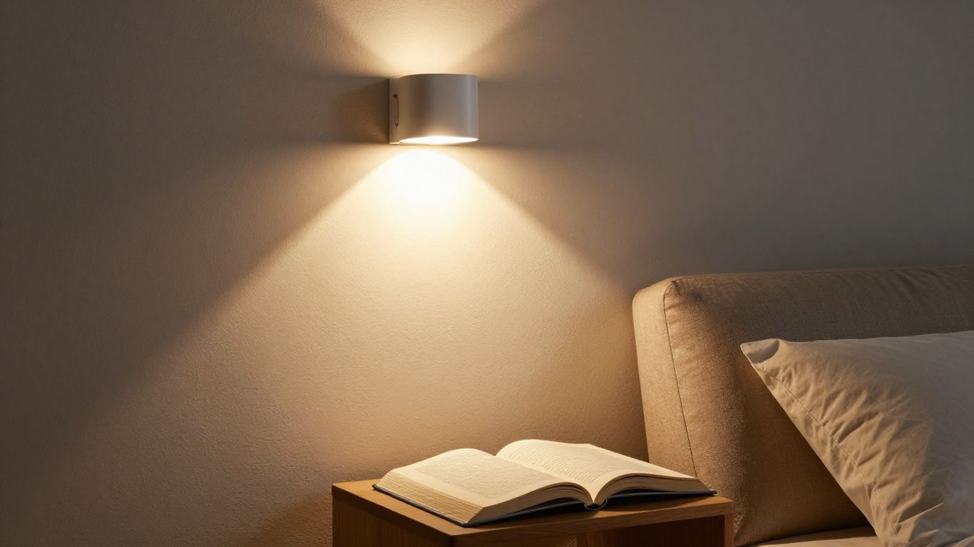 Post wall light illuminating a bedroom reading nook.