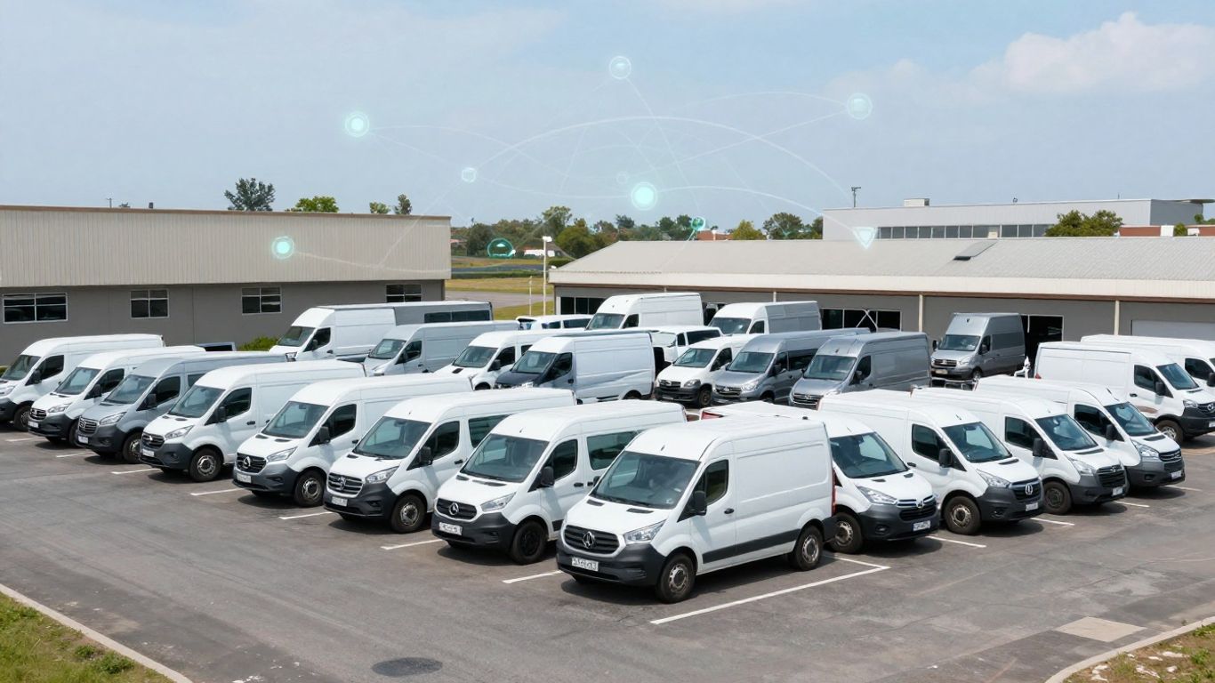 Flota pojazdów z widocznym systemem monitoringu GPS.
