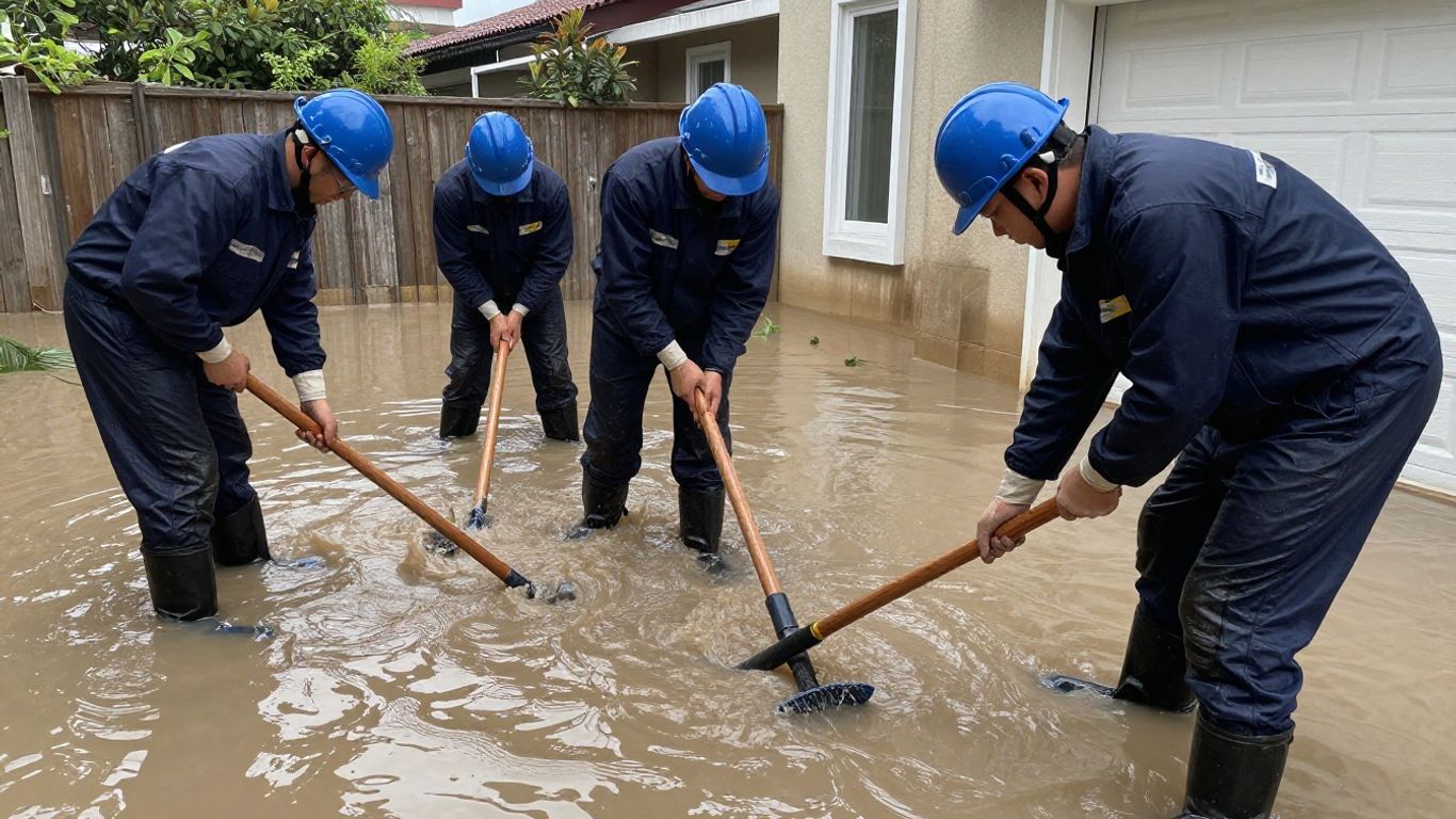 Water mitigation team cleaning flooded home interior.