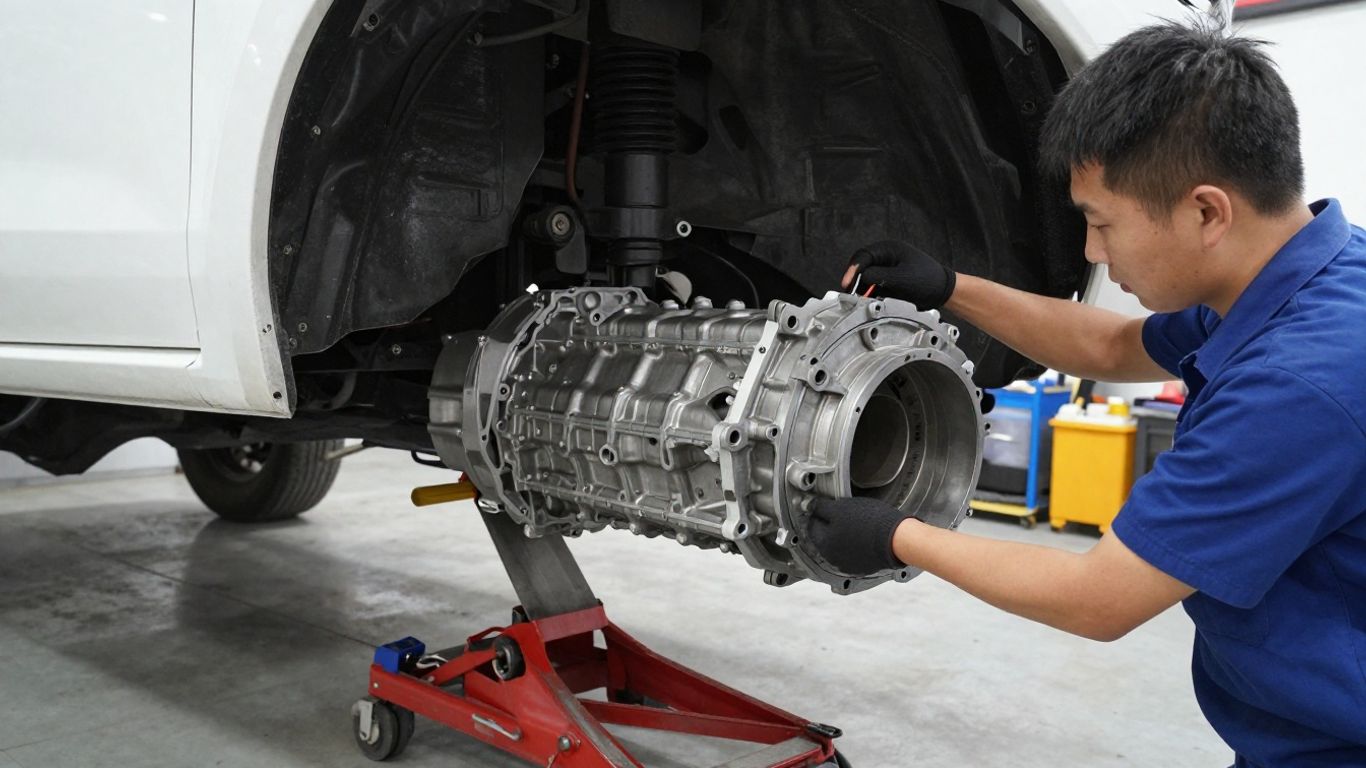 Automotive technician installing rebuilt transmission