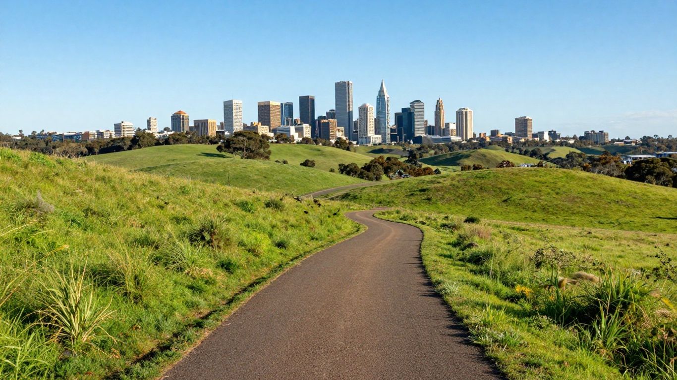 Australian investment growth path to city skyline.