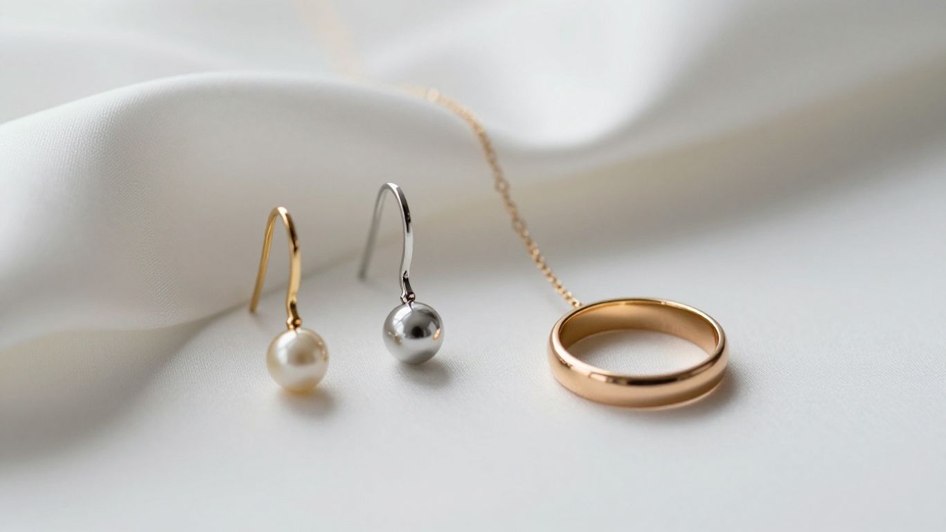 Minimal gold and platinum bridal jewellery arranged on silk