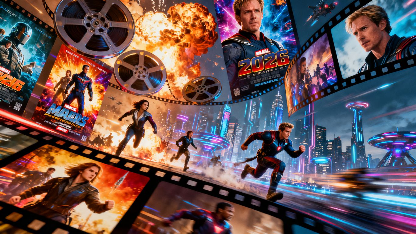 Collage of exciting movie posters and film reels for 2026 releases.