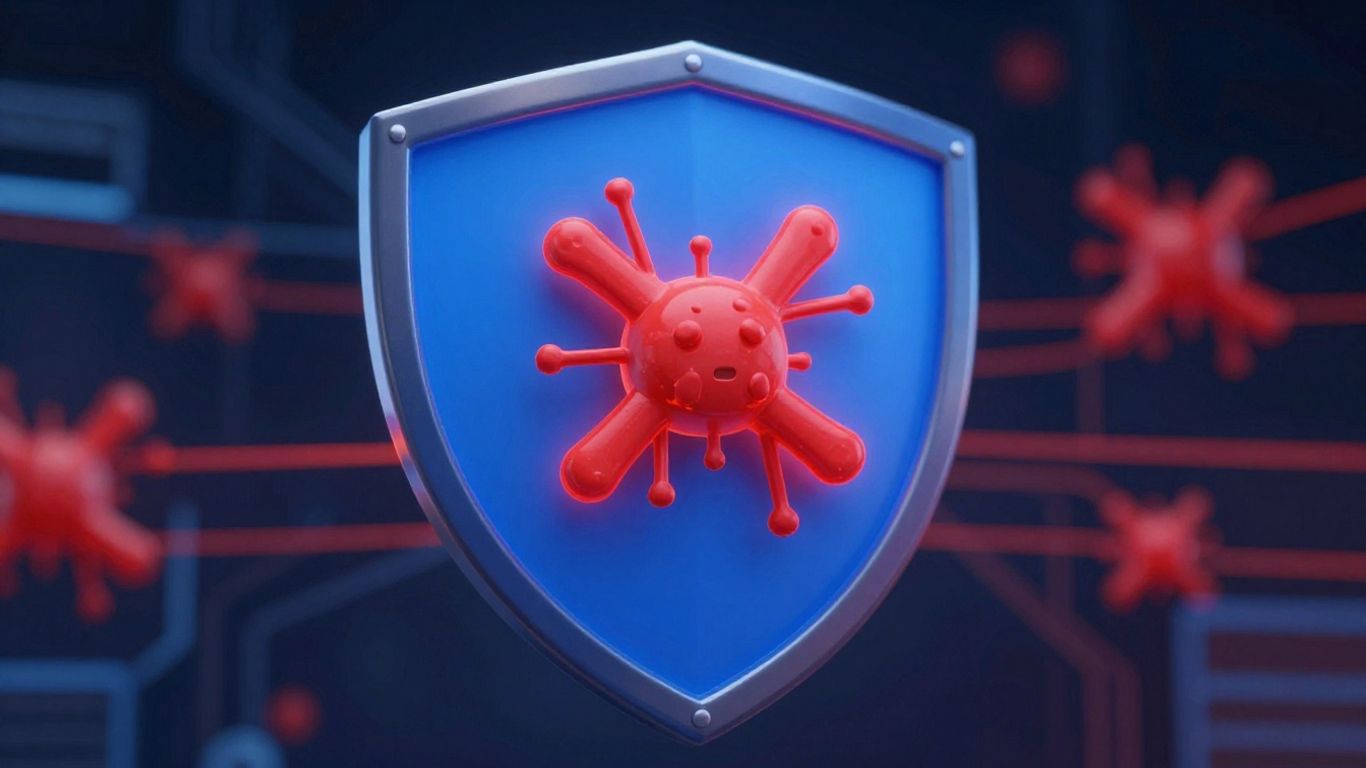 Digital shield blocking malware icons.