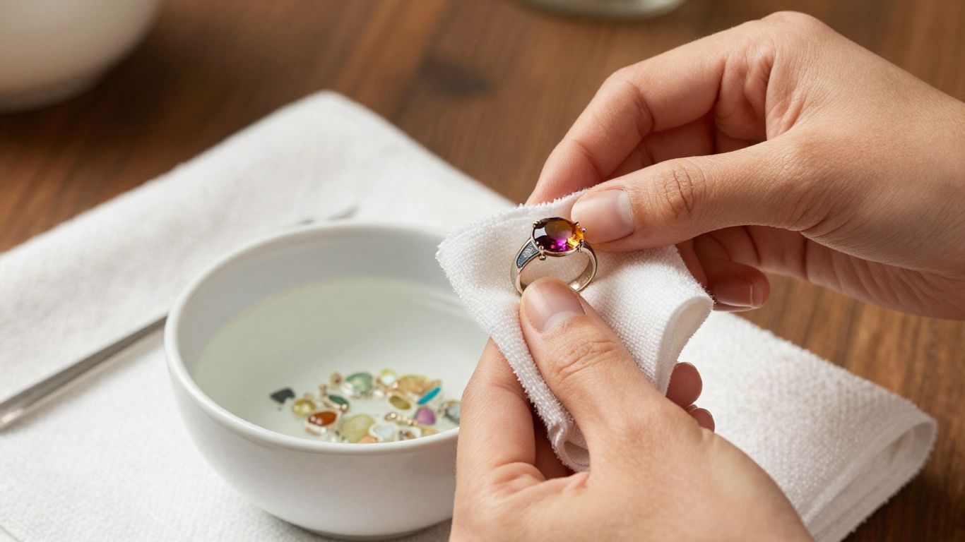 Hands gently cleaning gemstone jewellery