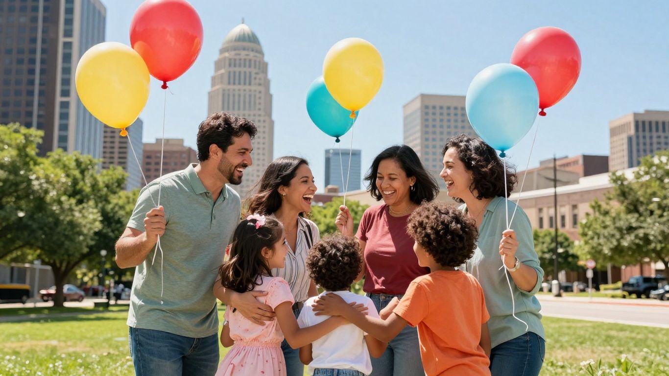 Family celebrating outdoors in Dallas with balloons.