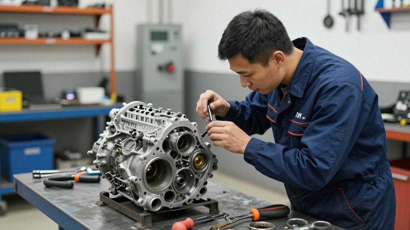 Mechanic inspecting a transmission unit in a gold coast workshop