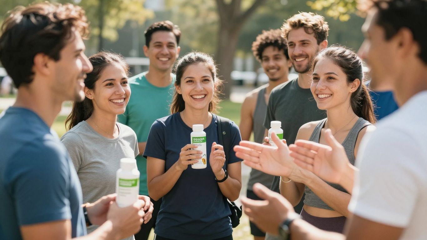People smiling and holding Herbalife products outdoors.