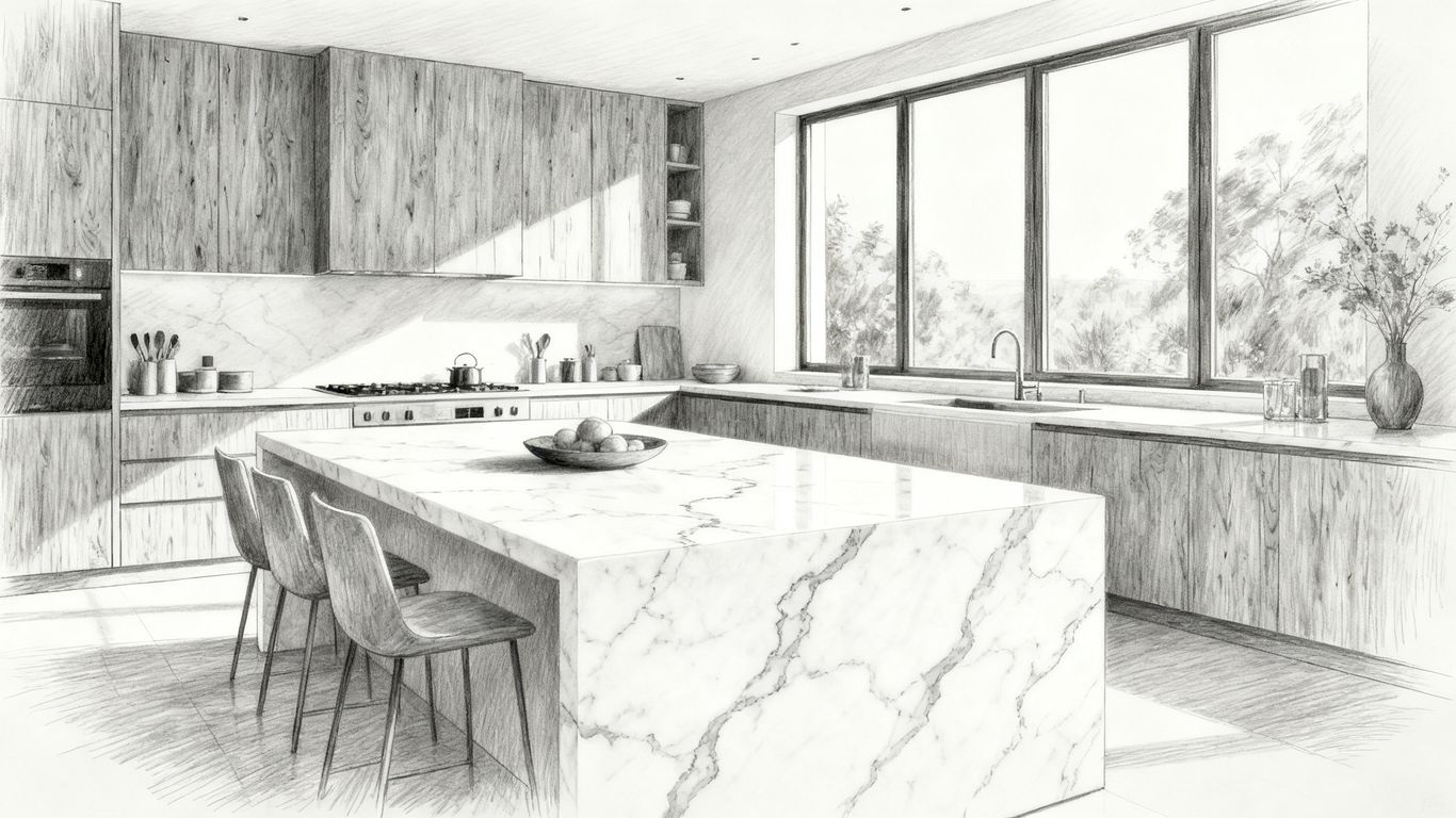 A kitchen island featuring bright white stone countertops
