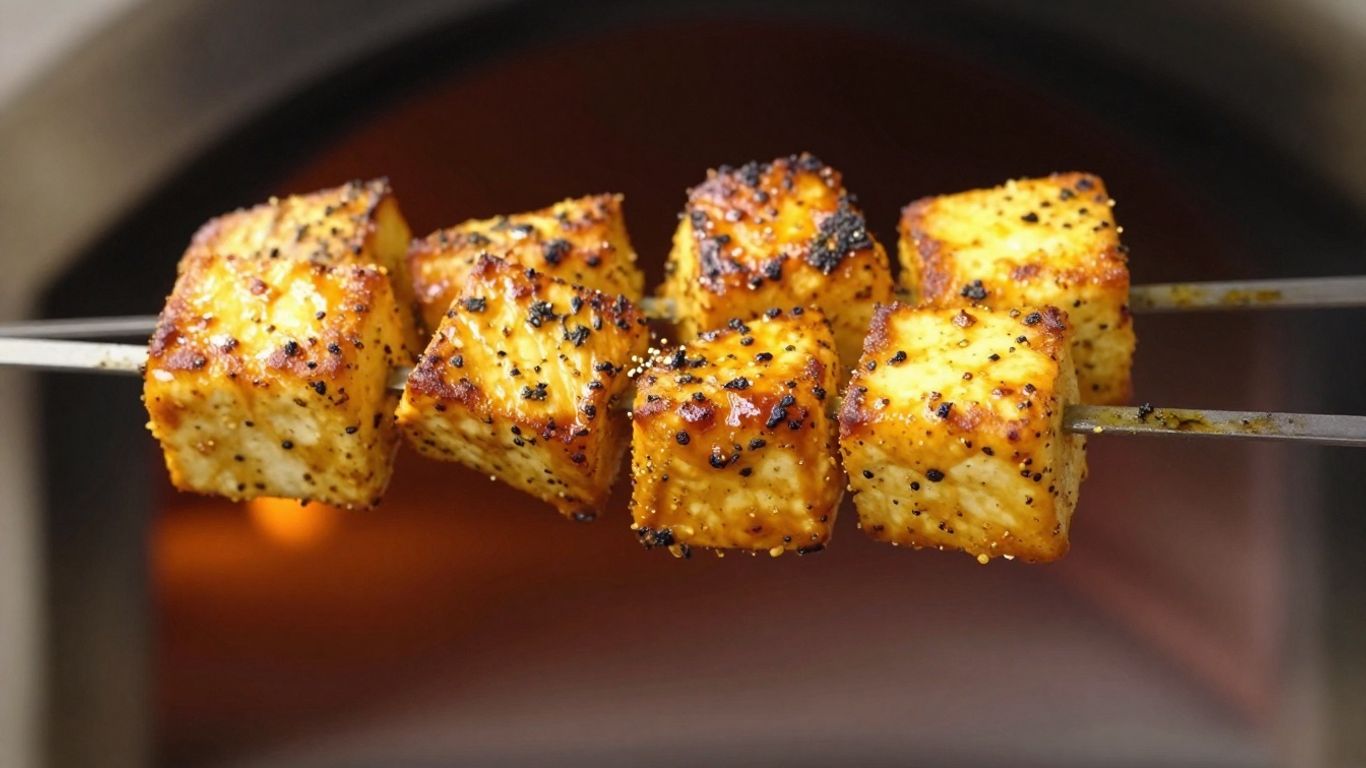 Grilled paneer cubes on skewers, ready to serve.