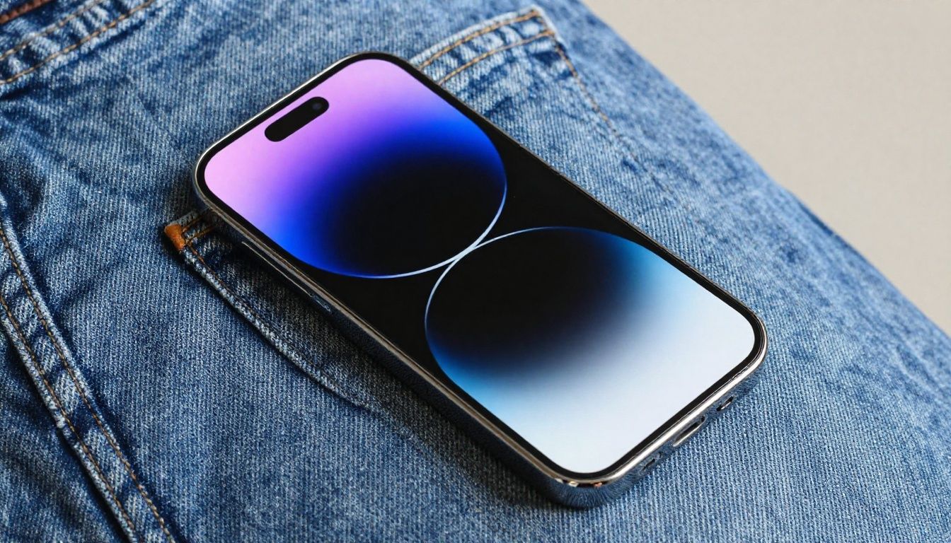 Someone easily sliding their iPhone 15 Plus with a slim wallet case into the back pocket of their jeans.