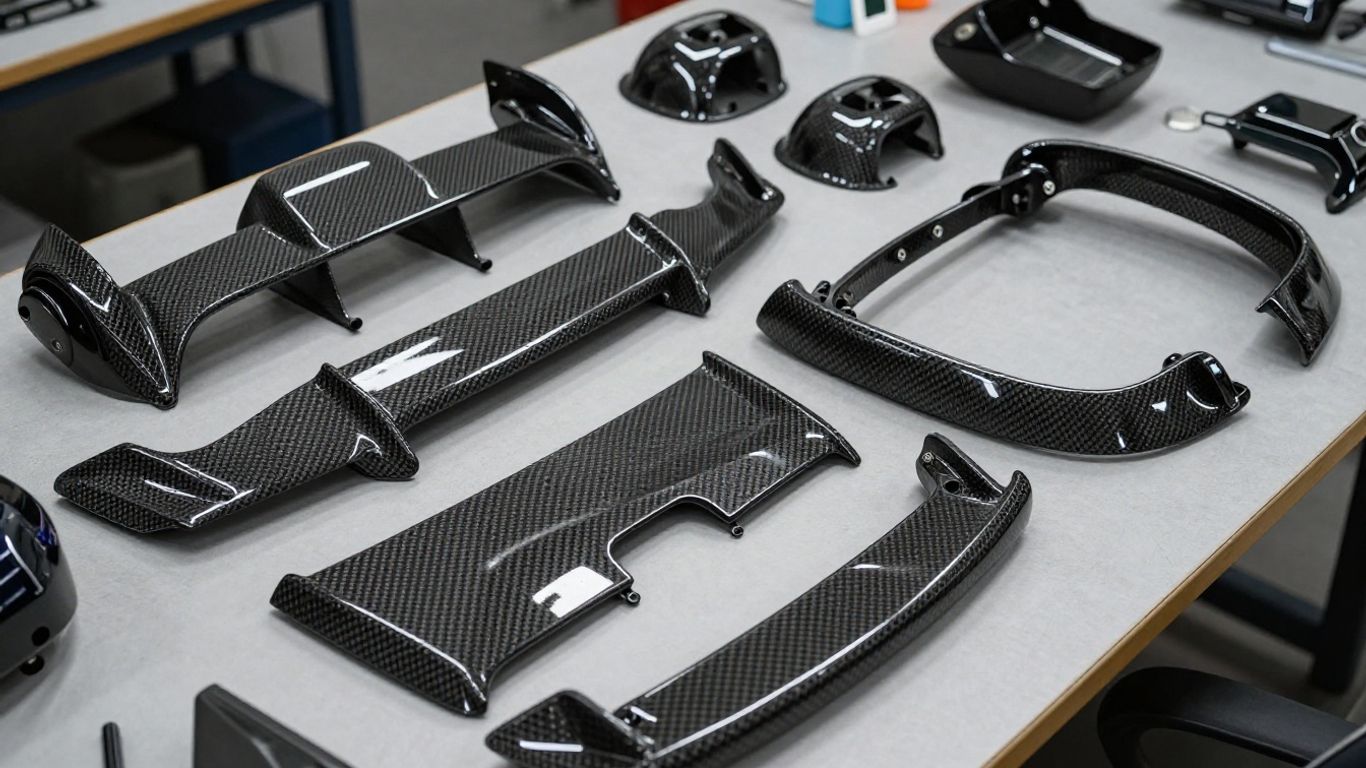 Used M4 carbon parts arranged beside BMW