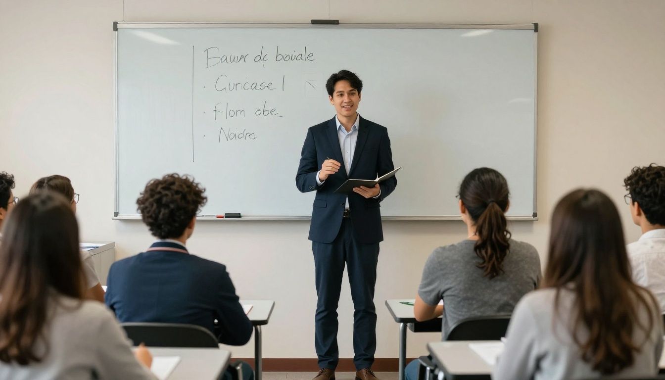 Profissional ensinando um pequeno grupo de pessoas em uma sala iluminada, com materiais educativos e expressão acolhedora
