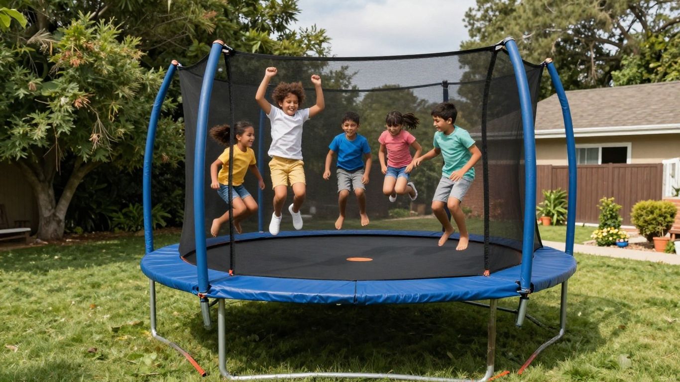 Akrobat trampoline with kids jumping in a backyard.