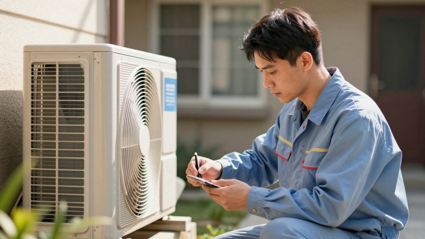 AC repair technician working on an outdoor unit.
