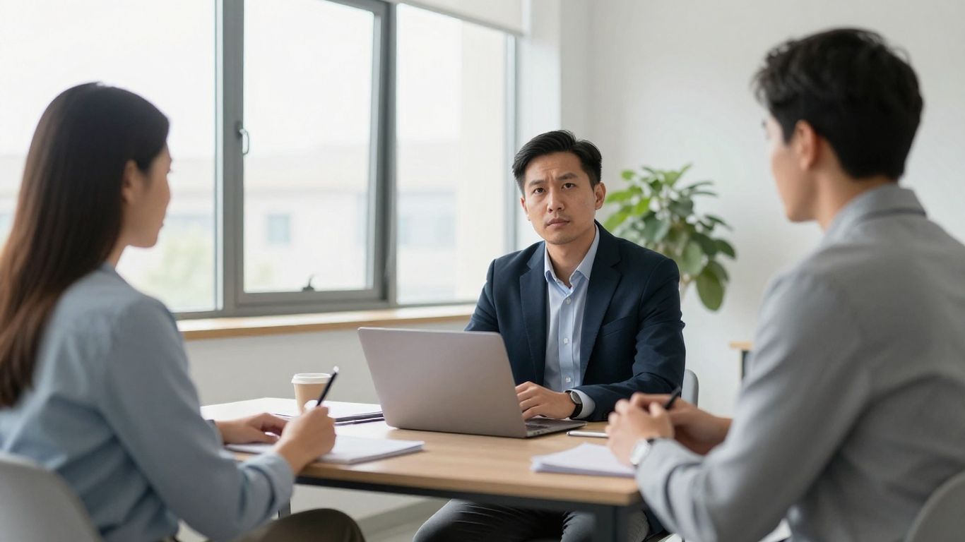 Enterprise coaching conversation in modern office