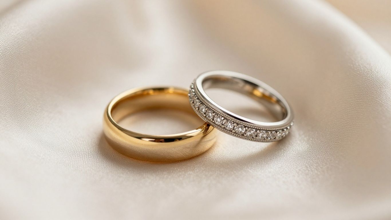 Elegant wedding rings on satin fabric.