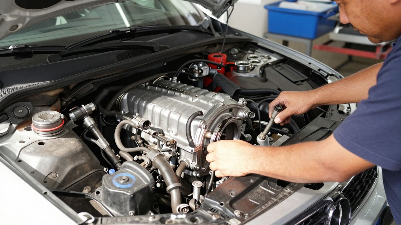 Mechanic working on a car engine in a garage.
