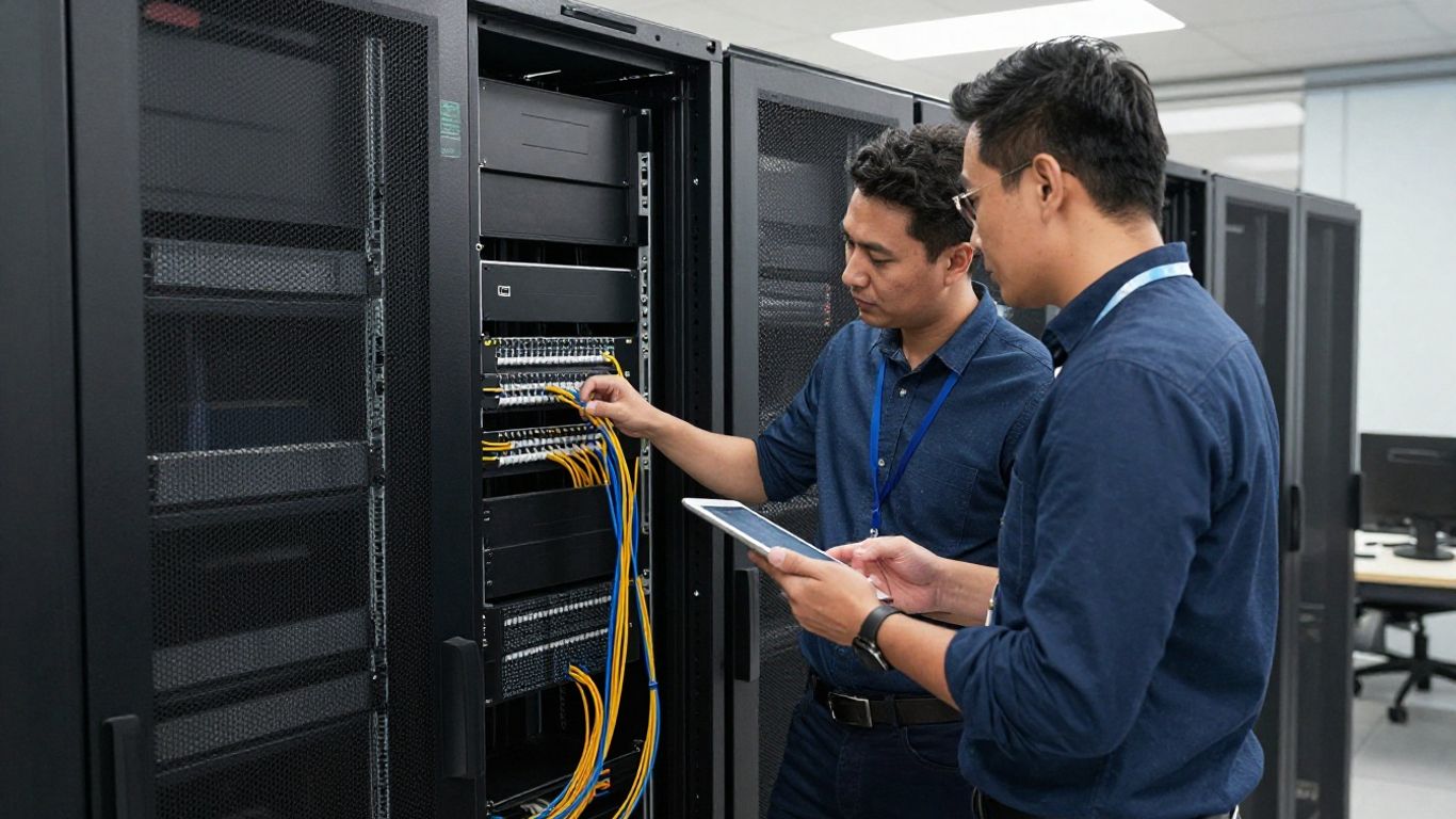 IT professionals reviewing equipment in a modern office
