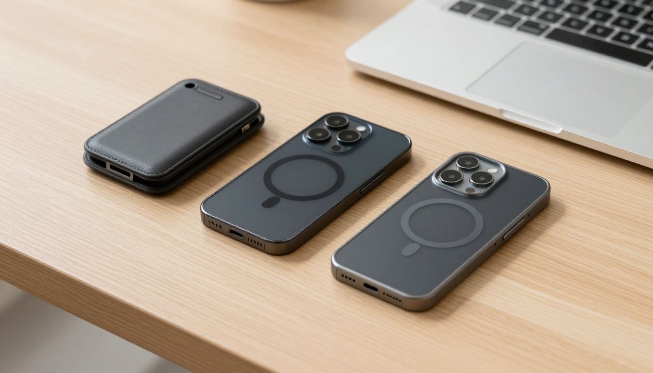 A modern smartphone with a sleek magnetic case attached, placed next to a separate magnetic wallet accessory on a clean, minimalist wooden desk.