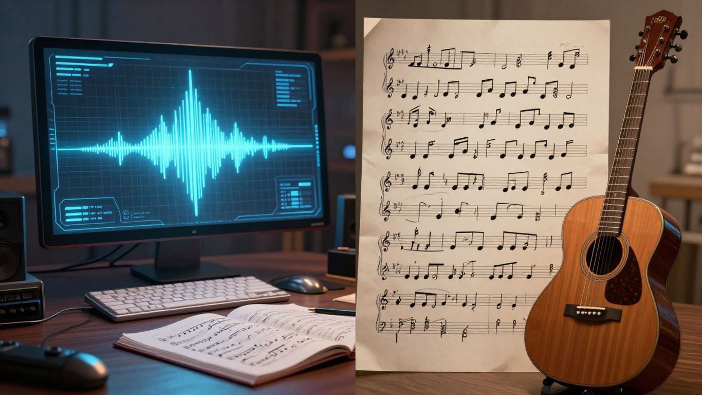 AI music interface versus traditional music instruments and sheet music.