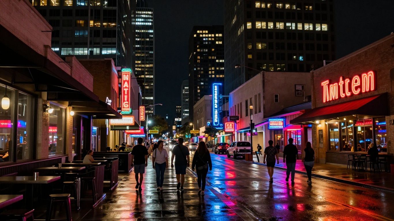Austin cityscape at night with lively streets and illuminated buildings.