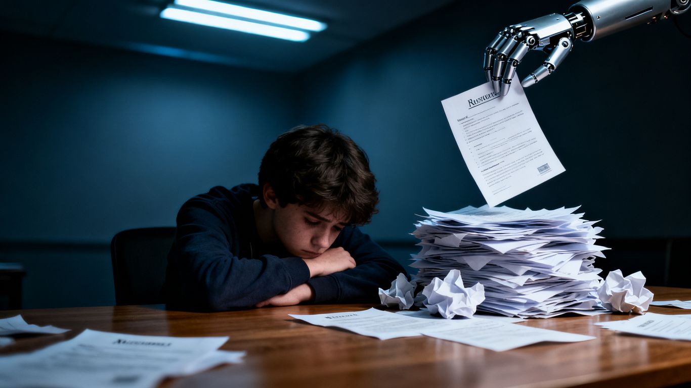 AI robot discarding resumes of a dejected job applicant.
