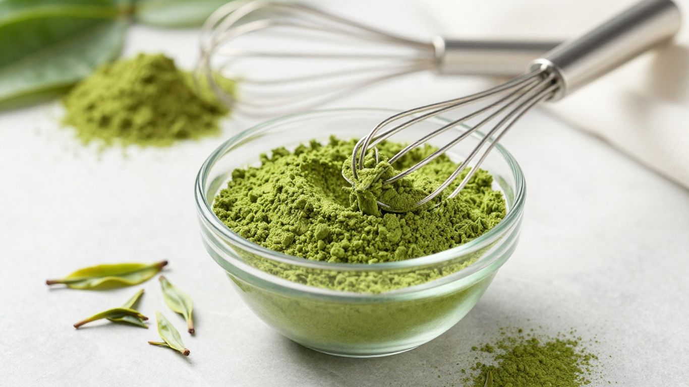 Matcha powder in a bowl with a whisk and tea leaves.