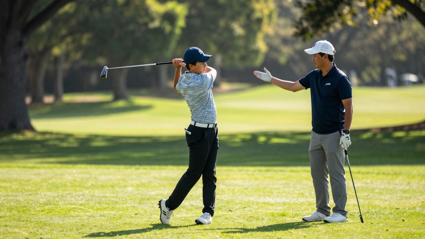 Young golfer swinging, parent supporting from sidelines.