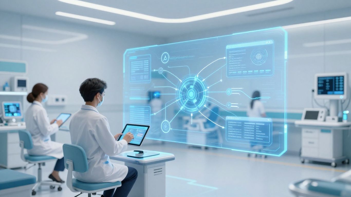 Doctors using digital tablets in a futuristic connected hospital