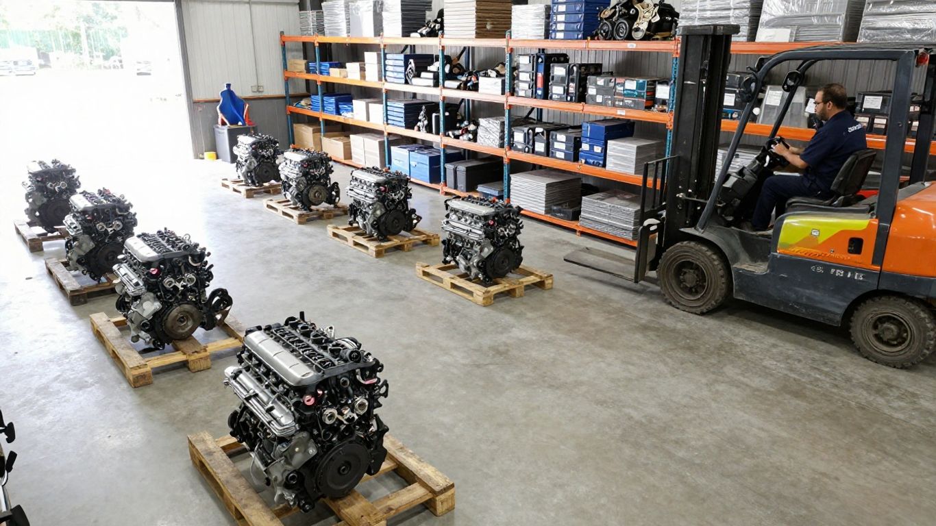 Warehouse aisle with engines prepared for dispatch