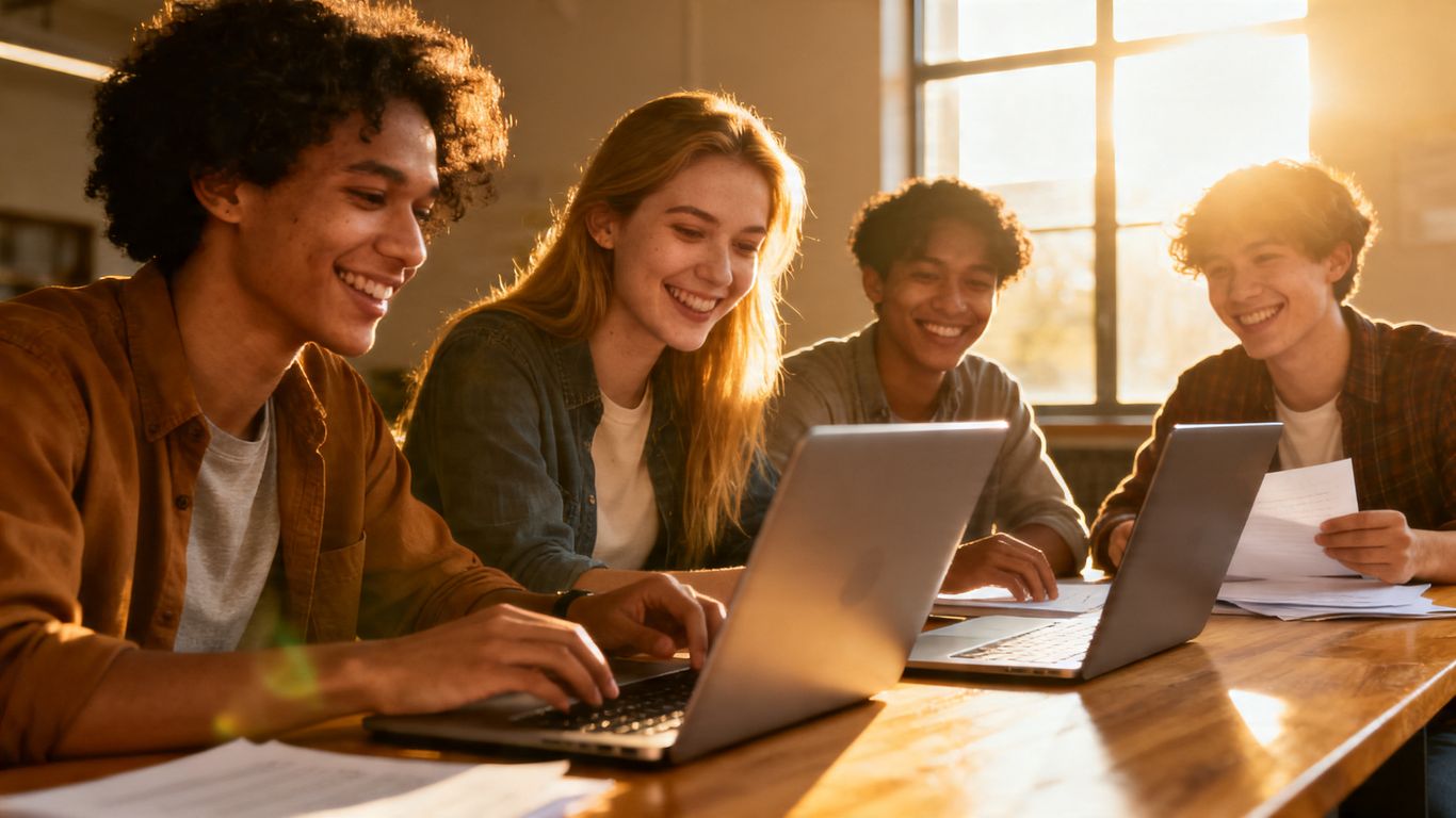 Students working together on applications, looking successful.