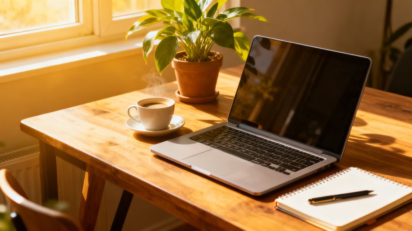 Bright workspace with laptop, notebook, coffee cup nearby